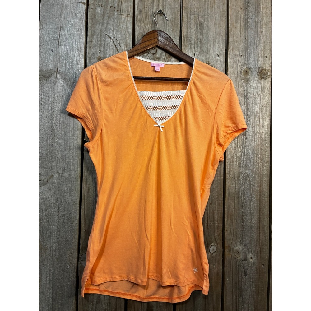 Lilly Pulitzer Orange Short Sleeve Lace V-Neck Top 480716 Size M